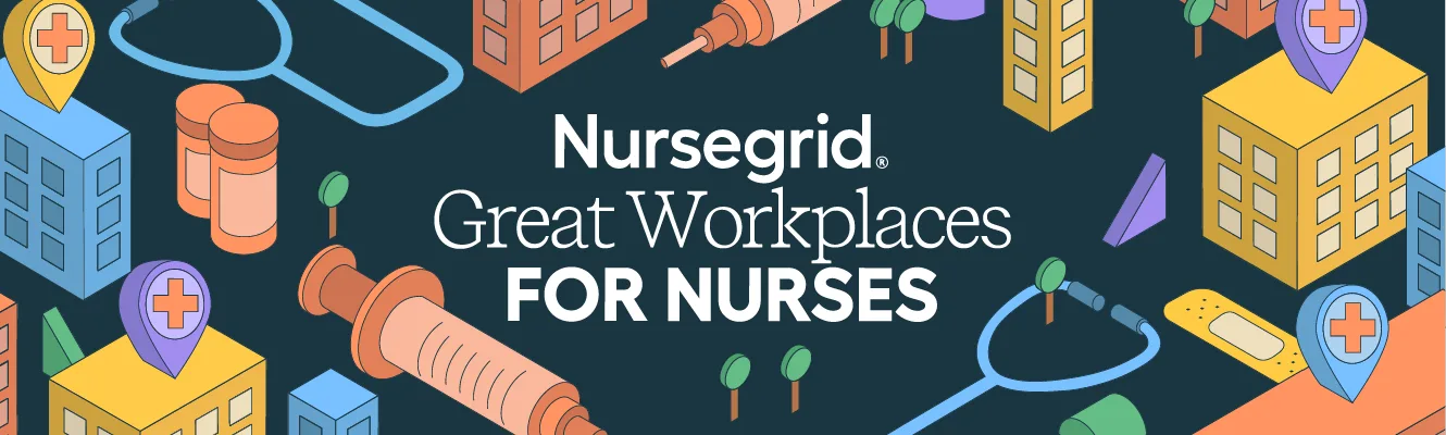 Graphic with the text ‘Nursegrid Great Workplaces for Nurses,’ surrounded by colorful illustrations of medical items like stethoscopes, syringes, bandages, buildings, and map markers with medical cross icons.